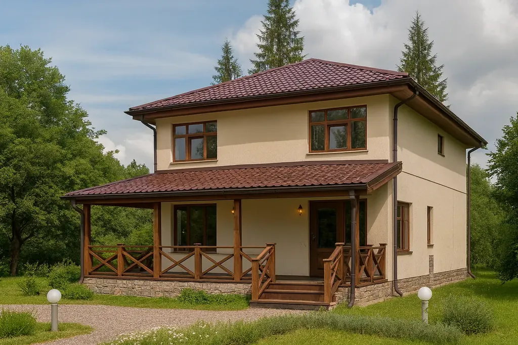 Проект дома «А-160» Проект дома «А-160» из СИП-панелей, 160 м² — двухэтажный дом с бежевым фасадом, коричневой крышей и террасой | HotWell.KZ