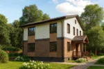 Проект дома «А-161» из СИП-панелей, 161 м² — двухэтажный дом с коричневым фасадом, белым сайдингом и коричневой крышей | HotWell.KZ