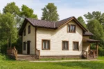 Проект дома «А-166» из СИП-панелей, 166 м² — двухэтажный дом с бежевым фасадом, коричневой крышей и террасой | HotWell.KZ