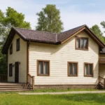 Проект дома «А-166» из СИП-панелей, 166 м² — двухэтажный дом с бежевым фасадом, коричневой крышей и террасой | HotWell.KZ