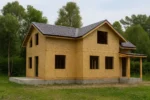 Дом «А-166», 166 м², 1.5 этажа, в черновой отделке: коробка из СИП-панелей OSB-3, двускатная кровля из металлочерепицы, проёмы без окон и дверей, в проёмах видны сосновые балки перекрытия