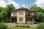 Проект дома «А-171» из СИП-панелей, 171 м² — двухэтажный дом с бежевым фасадом, темной крышей и крытой террасой | HotWell.KZ