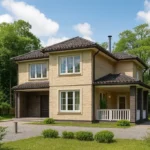 Проект дома «А-171» из СИП-панелей, 171 м² — двухэтажный дом с бежевым фасадом, темной крышей и крытой террасой | HotWell.KZ