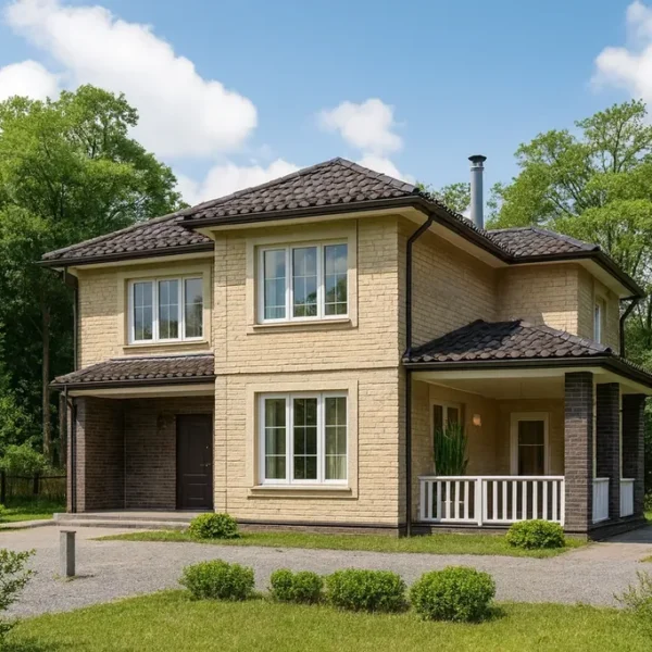 Проект дома «А-171» из СИП-панелей, 171 м² — двухэтажный дом с бежевым фасадом, темной крышей и крытой террасой | HotWell.KZ