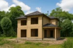 Дом «А-171», 171 м², 2 этажа, в черновой отделке: коробка из СИП-панелей OSB-3, вальмовая кровля из металлочерепицы, проёмы без окон и дверей, в проёмах видны сосновые балки перекрытия
