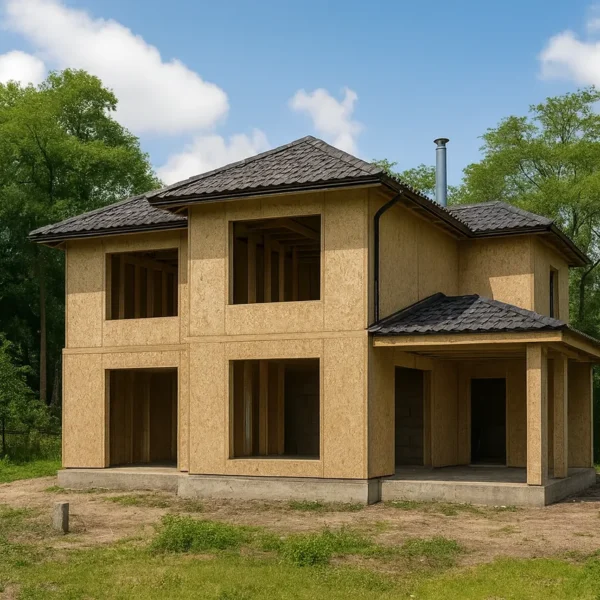 Дом «А-171», 171 м², 2 этажа, в черновой отделке: коробка из СИП-панелей OSB-3, вальмовая кровля из металлочерепицы, проёмы без окон и дверей, в проёмах видны сосновые балки перекрытия