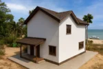 Проект дома «А-172Б» из СИП-панелей, 172 м² — двухэтажный дом с белым фасадом, коричневой крышей и крытым крыльцом | HotWell.KZ