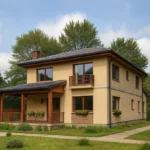 Проект дома «А-173» из СИП-панелей, 173 м² — двухэтажный дом с бежевым фасадом, черной крышей и балконом | HotWell.KZ