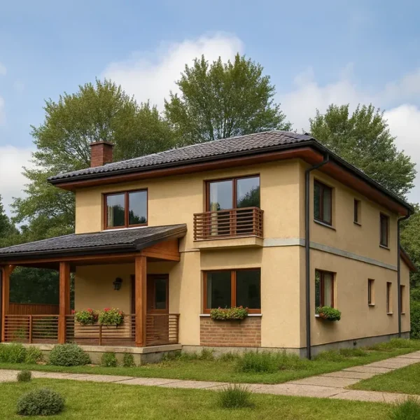 Проект дома «А-173» из СИП-панелей, 173 м² — двухэтажный дом с бежевым фасадом, черной крышей и балконом | HotWell.KZ