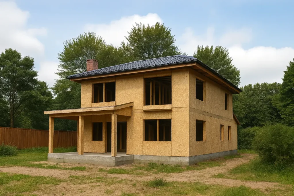 Дом «А-173», 173 м², 2 этажа, в черновой отделке: коробка из СИП-панелей OSB-3, вальмовая кровля из металлочерепицы, проёмы без окон и дверей, в проёмах видны сосновые балки перекрытия