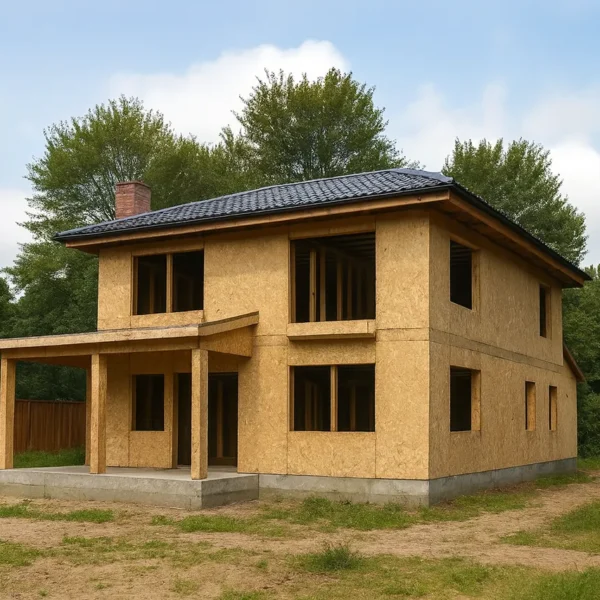 Дом «А-173», 173 м², 2 этажа, в черновой отделке: коробка из СИП-панелей OSB-3, вальмовая кровля из металлочерепицы, проёмы без окон и дверей, в проёмах видны сосновые балки перекрытия