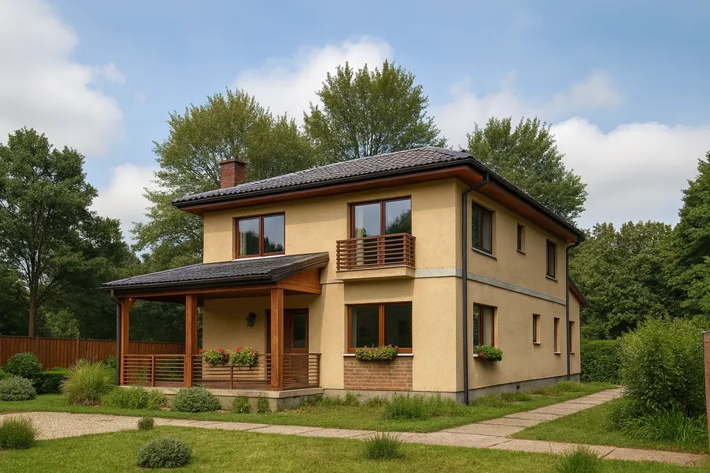 Проект дома «А-173» из СИП-панелей, 173 м² — двухэтажный дом с бежевым фасадом, черной крышей и балконом | HotWell.KZ