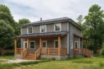 Проект дома «А-180Б» из СИП-панелей, 180 м² — двухэтажный дом с серым фасадом, синей крышей и террасой | HotWell.KZ