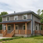 Проект дома «А-180Б» из СИП-панелей, 180 м² — двухэтажный дом с серым фасадом, синей крышей и террасой | HotWell.KZ
