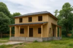 Дом «А-180Б», 180 м², 2 этажа, в черновой отделке: коробка из СИП-панелей OSB-3, вальмовая кровля из металлочерепицы, проёмы без окон и дверей, в проёмах видны сосновые балки перекрытия