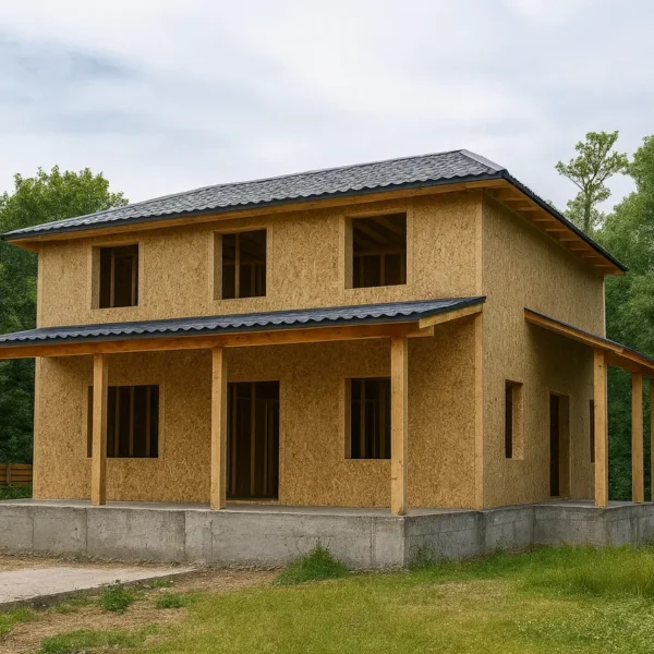 Дом «А-180Б», 180 м², 2 этажа, в черновой отделке: коробка из СИП-панелей OSB-3, вальмовая кровля из металлочерепицы, проёмы без окон и дверей, в проёмах видны сосновые балки перекрытия