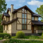 Проект дома «А-189» из СИП-панелей, 189 м² — двухэтажный дом с бежевым фасадом, коричневой крышей и балконом | HotWell.KZ