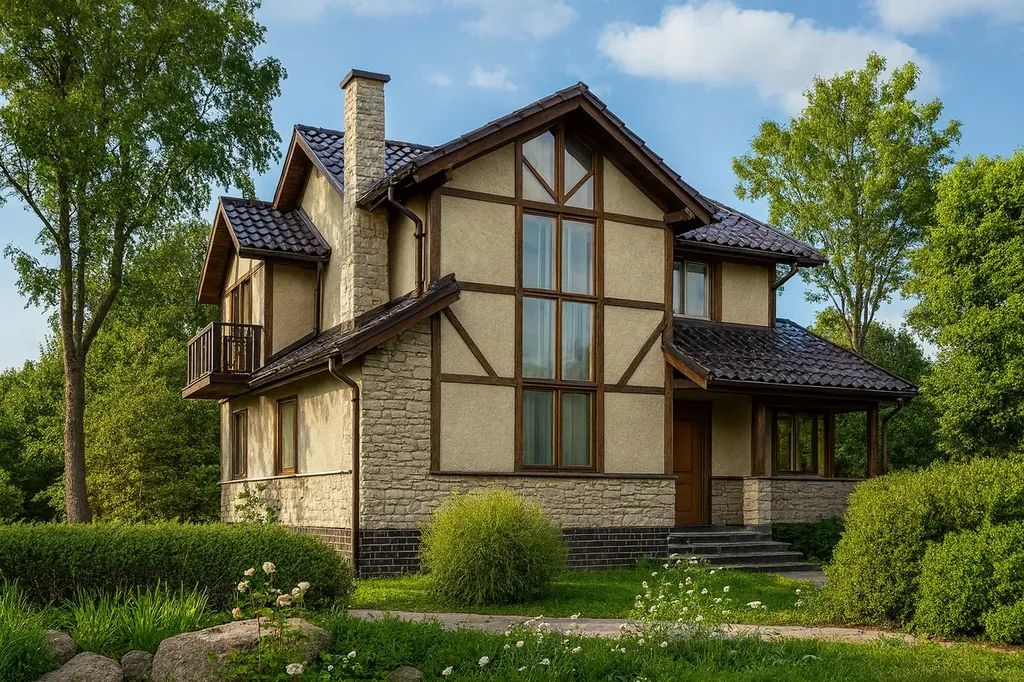 Проект дома «А-189» Проект дома «А-189» из СИП-панелей, 189 м² — двухэтажный дом с бежевым фасадом, коричневой крышей и балконом | HotWell.KZ