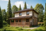 Проект дома «А-189Б» из СИП-панелей, 189 м² — двухэтажный дом с бежевым фасадом, коричневой крышей и террасой | HotWell.KZ
