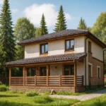 Проект дома «А-189Б» из СИП-панелей, 189 м² — двухэтажный дом с бежевым фасадом, коричневой крышей и террасой | HotWell.KZ