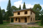 Дом «А-189Б», 189 м², 2 этажа, в черновой отделке: коробка из СИП-панелей OSB-3, вальмовая кровля из металлочерепицы, проёмы без окон и дверей, в проёмах видны сосновые балки перекрытия