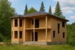 Дом «А-207», 207 м², 2 этажа, в черновой отделке: коробка из СИП-панелей OSB-3, вальмовая кровля из металлочерепицы, проёмы без окон и дверей, в проёмах видны сосновые балки перекрытия