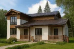 Проект дома «А-216» из СИП-панелей, 216 м² — двухэтажный дом с белым фасадом, коричневой крышей и террасой | HotWell.KZ