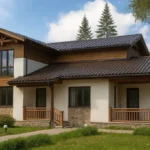 Проект дома «А-216» из СИП-панелей, 216 м² — двухэтажный дом с белым фасадом, коричневой крышей и террасой | HotWell.KZ