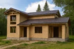 Дом «А-216», 216 м², 2 этажа, в черновой отделке: коробка из СИП-панелей OSB-3, двускатная кровля из металлочерепицы, проёмы без окон и дверей, в проёмах видны сосновые балки перекрытия