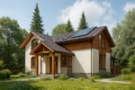 Проект дома «А-228» из СИП-панелей, 228 м² — двухэтажный дом с бежевым фасадом, коричневой крышей и крытым крыльцом | HotWell.KZ