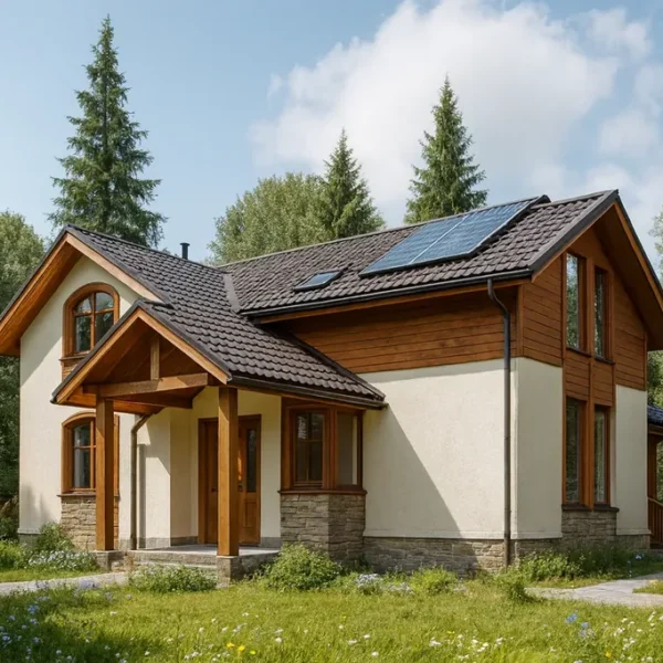 Проект дома «А-228» из СИП-панелей, 228 м² — двухэтажный дом с бежевым фасадом, коричневой крышей и крытым крыльцом | HotWell.KZ