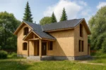Дом «А-228», 228 м², 1.5 этажа, в черновой отделке: коробка из СИП-панелей OSB-3, двускатная кровля из металлочерепицы, проёмы без окон и дверей, в проёмах видны сосновые балки перекрытия