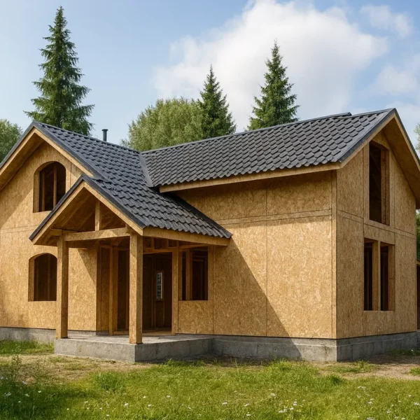 Дом «А-228», 228 м², 1.5 этажа, в черновой отделке: коробка из СИП-панелей OSB-3, двускатная кровля из металлочерепицы, проёмы без окон и дверей, в проёмах видны сосновые балки перекрытия