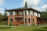 Проект дома «А-230Б» из СИП-панелей, 230 м² — двухэтажный дом с кирпичным фасадом, черной крышей и террасой | HotWell.KZ