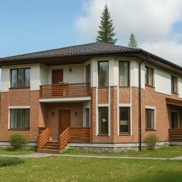 Проект дома «А-230Б» из СИП-панелей, 230 м² — двухэтажный дом с кирпичным фасадом, черной крышей и террасой | HotWell.KZ