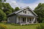 Проект дома «А-270» из СИП-панелей, 270 м² — двухэтажный дом с серым фасадом, синей крышей и террасой | HotWell.KZ