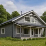 Проект дома «А-270» из СИП-панелей, 270 м² — двухэтажный дом с серым фасадом, синей крышей и террасой | HotWell.KZ