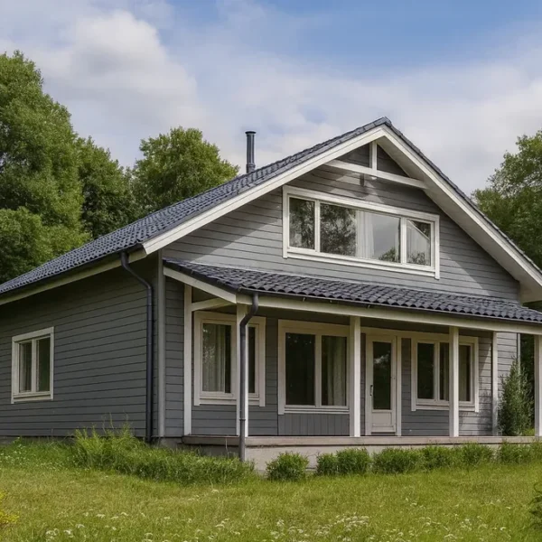 Проект дома «А-270» из СИП-панелей, 270 м² — двухэтажный дом с серым фасадом, синей крышей и террасой | HotWell.KZ