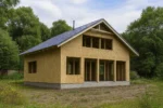 Дом «А-270», 270 м², 1,5 этажа, в черновой отделке: коробка из СИП-панелей OSB-3, двускатная кровля из металлочерепицы, проёмы без окон и дверей, в проёмах видны сосновые балки перекрытия