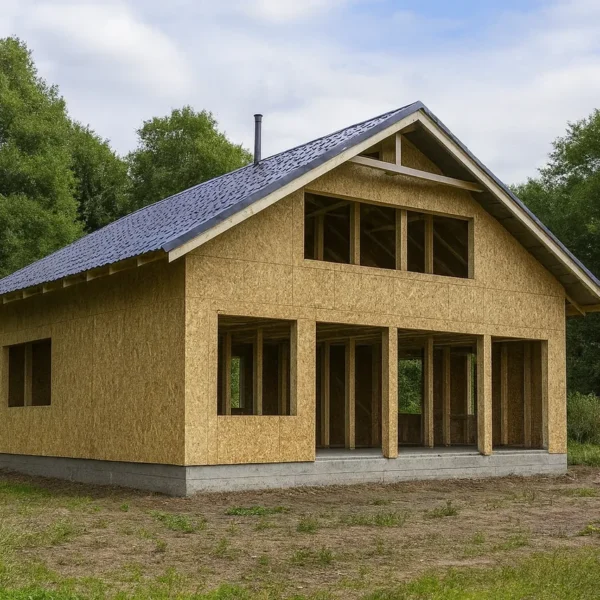 Дом «А-270», 270 м², 1,5 этажа, в черновой отделке: коробка из СИП-панелей OSB-3, двускатная кровля из металлочерепицы, проёмы без окон и дверей, в проёмах видны сосновые балки перекрытия
