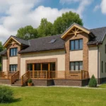 Проект дома «А-288» из СИП-панелей, 288 м² — двухэтажный дом с бежевым фасадом, черной крышей и террасой | HotWell.KZ