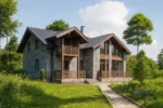 Проект дома «А-304» из СИП-панелей, 304 м² — двухэтажный дом с серым фасадом, темной крышей и балконом | HotWell.KZ