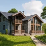 Проект дома «А-304» из СИП-панелей, 304 м² — двухэтажный дом с серым фасадом, темной крышей и балконом | HotWell.KZ