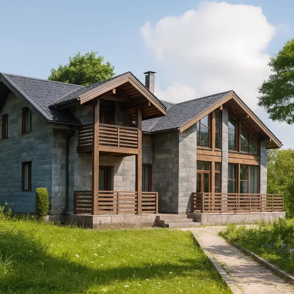 Проект дома «А-304» из СИП-панелей, 304 м² — двухэтажный дом с серым фасадом, темной крышей и балконом | HotWell.KZ