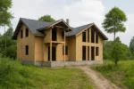Дом «А-304», 304 м², 1,5 этажа, в черновой отделке: коробка из СИП-панелей OSB-3, двускатная кровля из металлочерепицы, проёмы без окон и дверей, в проёмах видны сосновые балки перекрытия