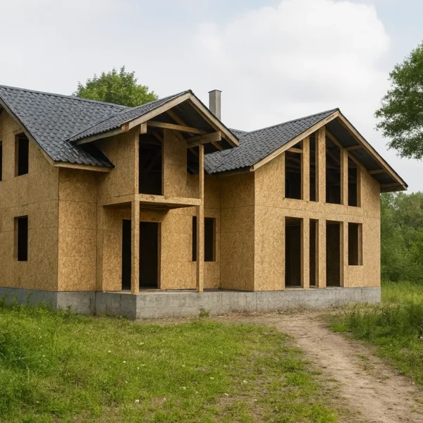 Дом «А-304», 304 м², 1,5 этажа, в черновой отделке: коробка из СИП-панелей OSB-3, двускатная кровля из металлочерепицы, проёмы без окон и дверей, в проёмах видны сосновые балки перекрытия