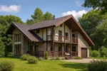 Проект дома «А-320» из СИП-панелей, 320 м² — двухэтажный дом с кирпичным фасадом, коричневой крышей и балконом | HotWell.KZ