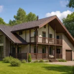 Проект дома «А-320» из СИП-панелей, 320 м² — двухэтажный дом с кирпичным фасадом, коричневой крышей и балконом | HotWell.KZ
