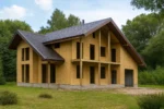 Дом «А-320», 320 м², 1,5 этажа, в черновой отделке: коробка из СИП-панелей OSB-3, двускатная кровля из металлочерепицы, проёмы без окон и дверей, в проёмах видны сосновые балки перекрытия