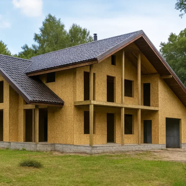 Дом «А-320», 320 м², 1,5 этажа, в черновой отделке: коробка из СИП-панелей OSB-3, двускатная кровля из металлочерепицы, проёмы без окон и дверей, в проёмах видны сосновые балки перекрытия